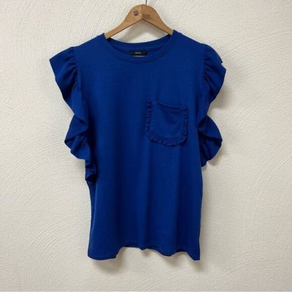 NWT Drew By Anthropologie Cobalt Blue Knit Ruffled Top Sz S - Picture 1 of 5
